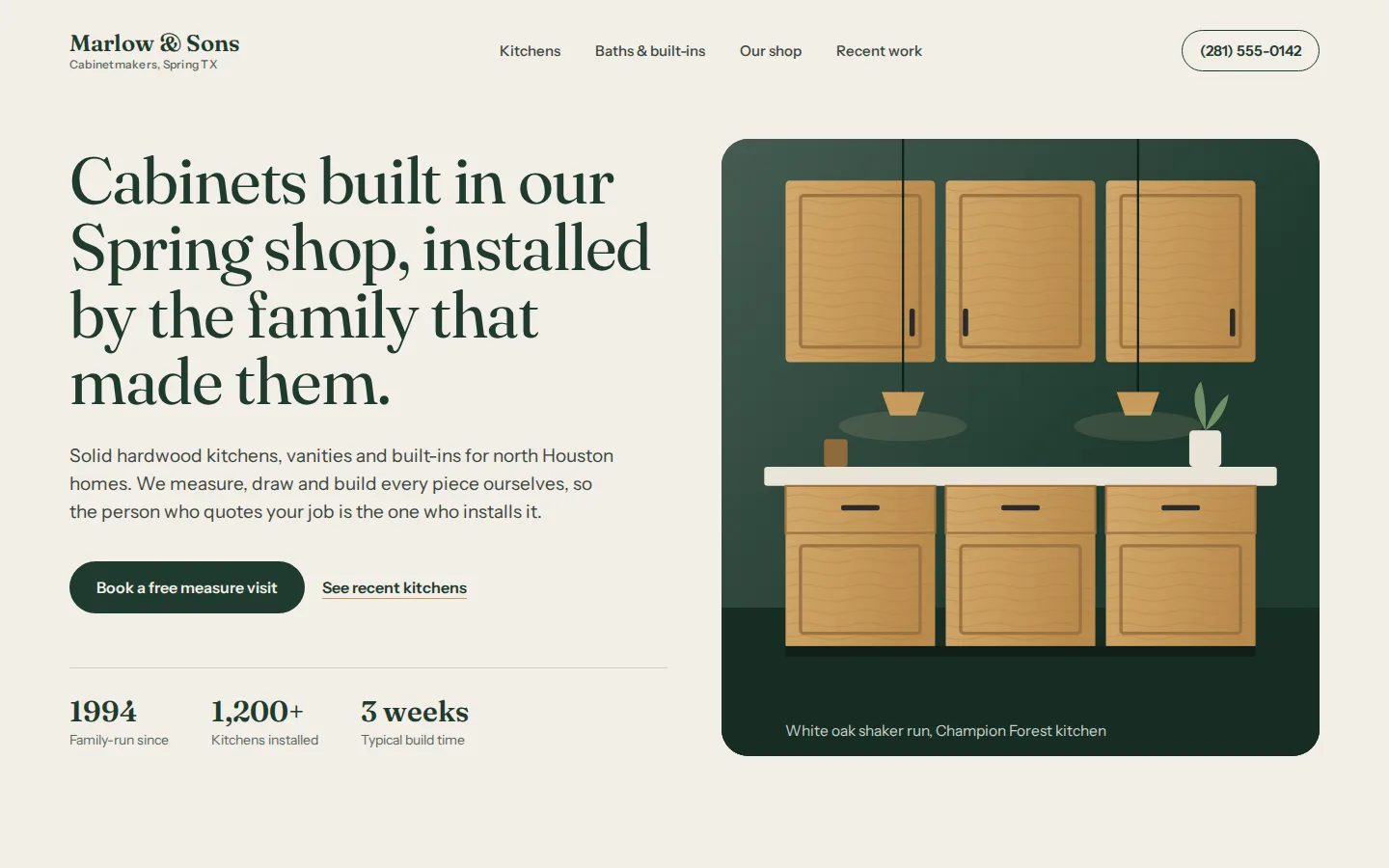 Redesigned Marlow & Sons homepage with a clear headline, booking button and shop illustration