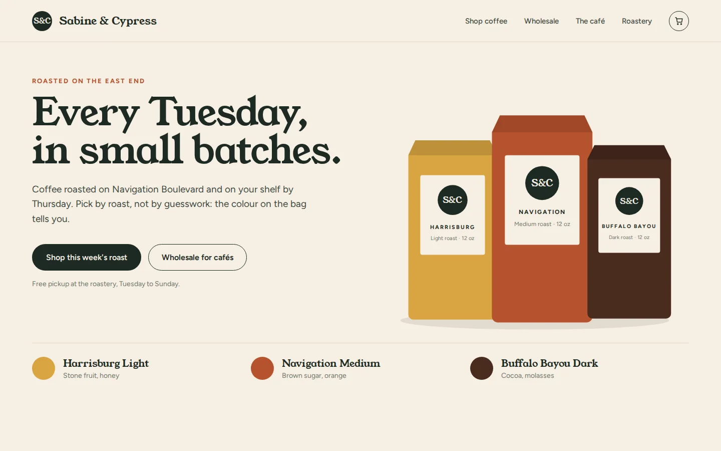 Concept homepage for Sabine & Cypress: Every Tuesday, in small batches, beside three bags colour-coded by roast, with separate buttons for shoppers and wholesale cafés